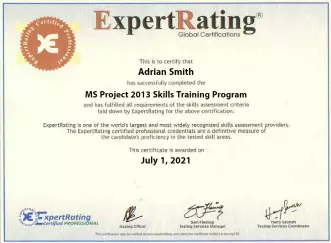MS Project 2013 Skills Training Program Certificate