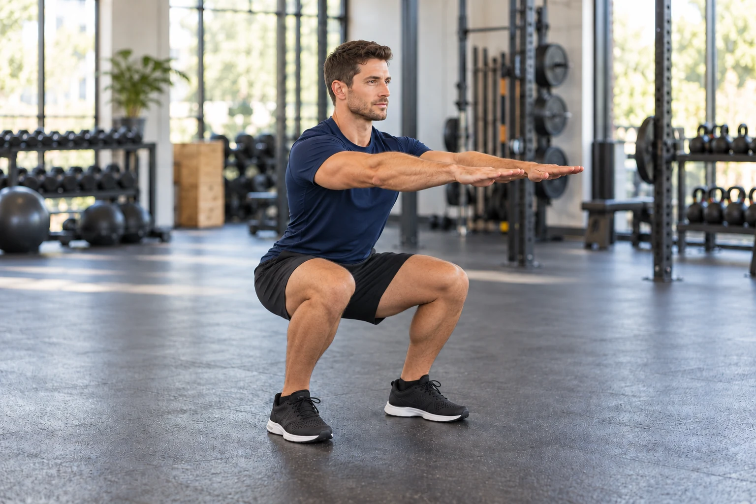 Instructor demonstrating a bodyweight functional training movement