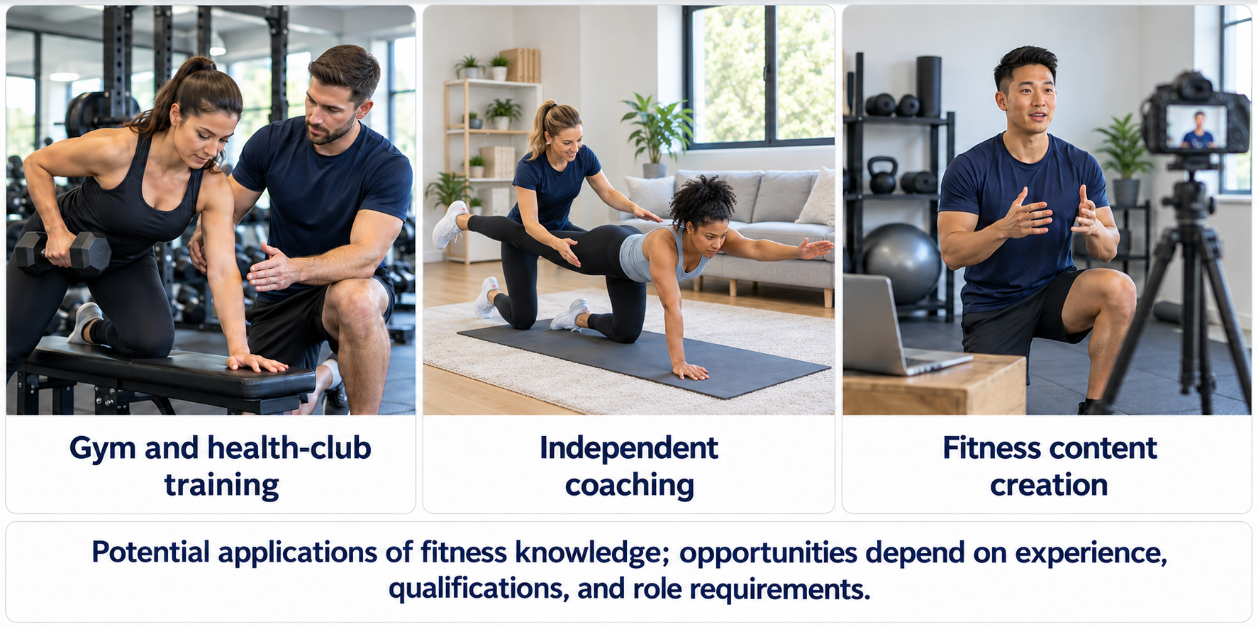 Functional fitness career pathways showing gym and health-club training, independent coaching, and fitness content creation