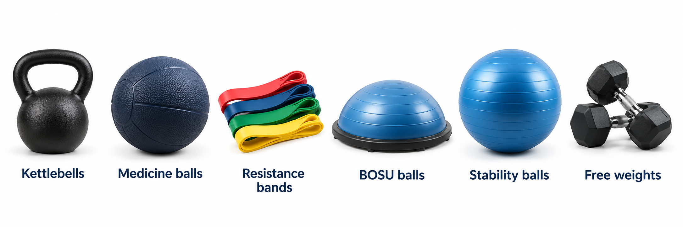 Functional fitness equipment icons showing kettlebells, medicine balls, resistance bands, BOSU balls, stability balls, and free weights