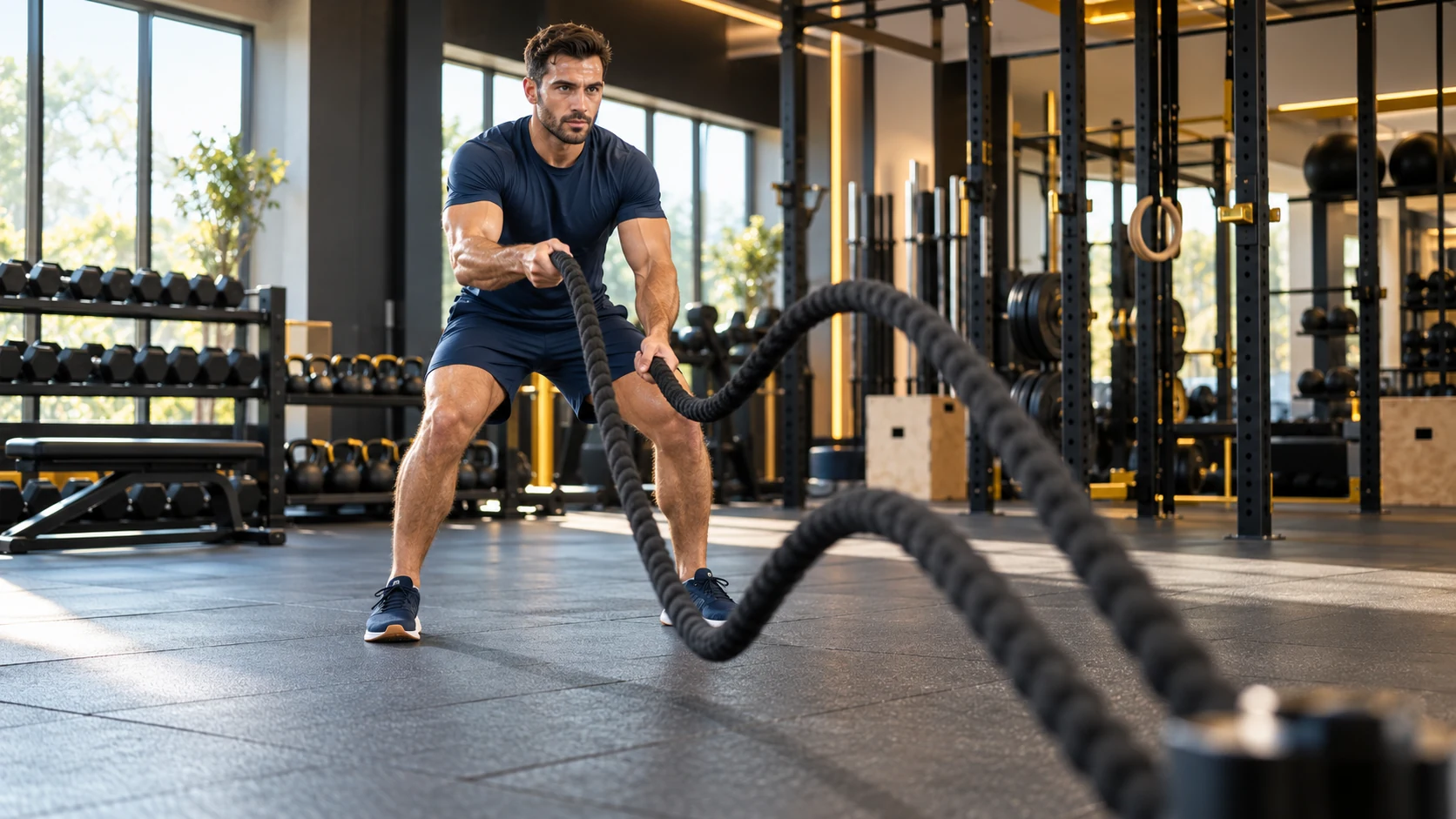 Fitness professional performing a battle ropes functional workout
