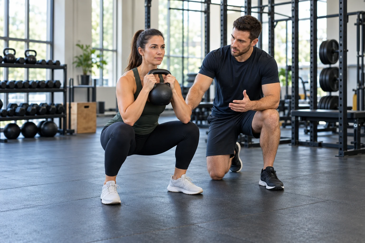 Trainer coaching a client through a kettlebell functional exercise