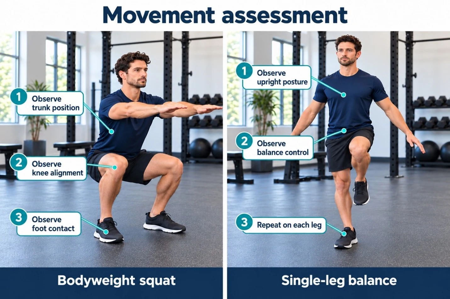 Movement assessment examples showing a bodyweight squat and single-leg balance with posture, alignment, foot-contact, and balance cues