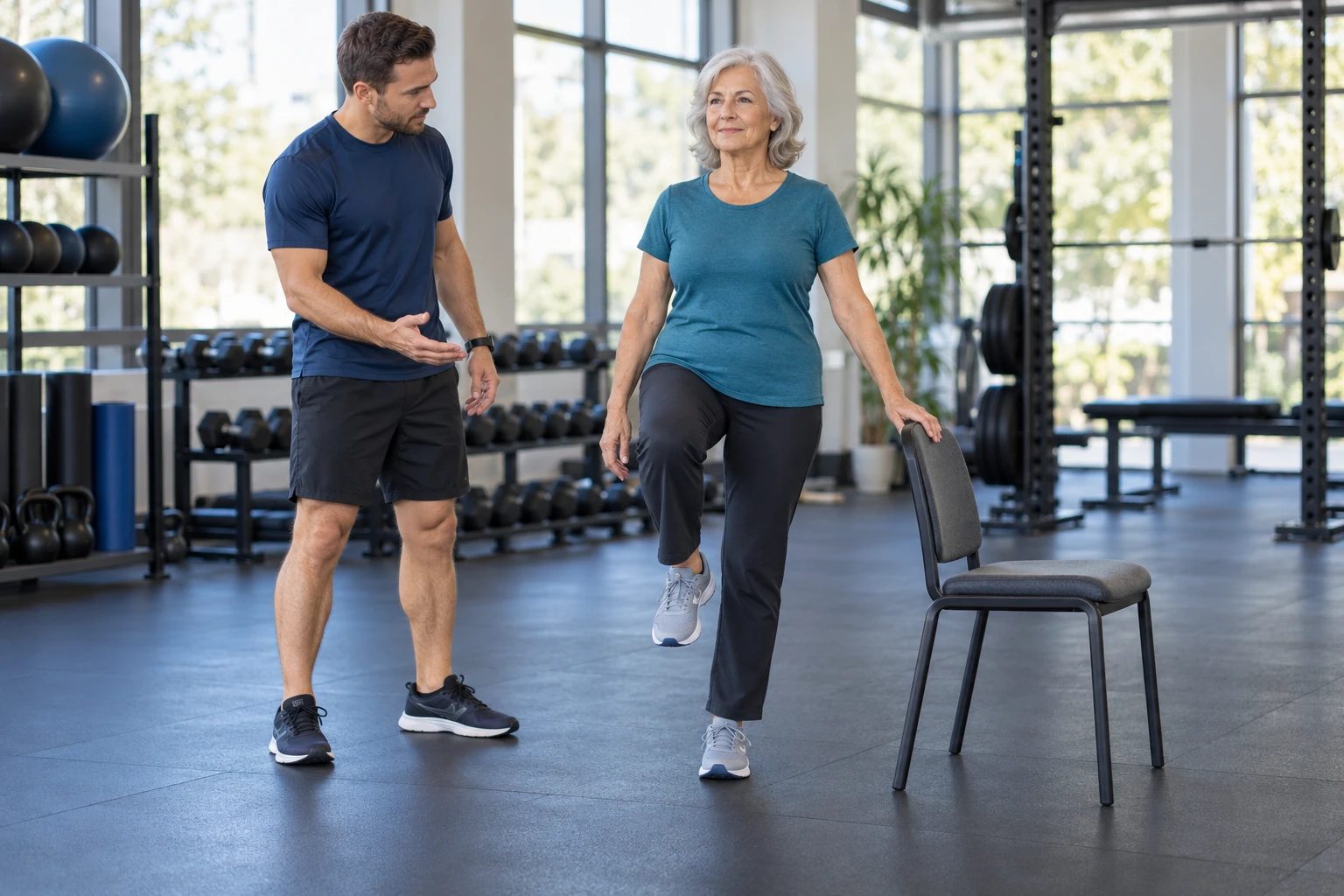 Trainer guiding an older adult client through a balance and stability exercise