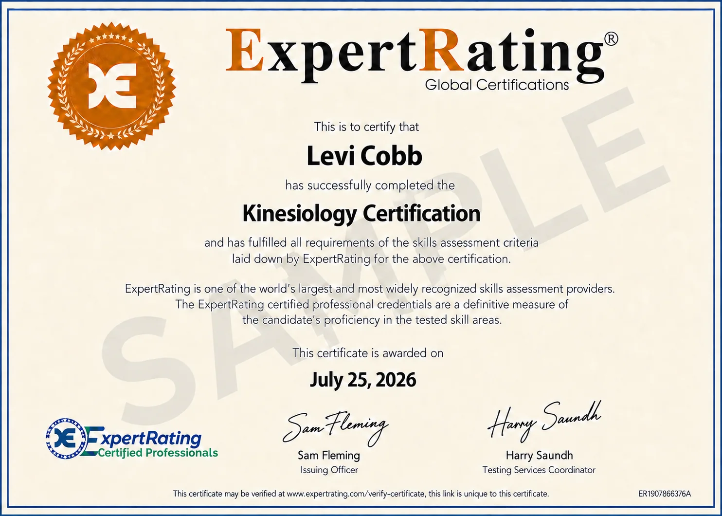 ExpertRating Kinesiology Certification certificate