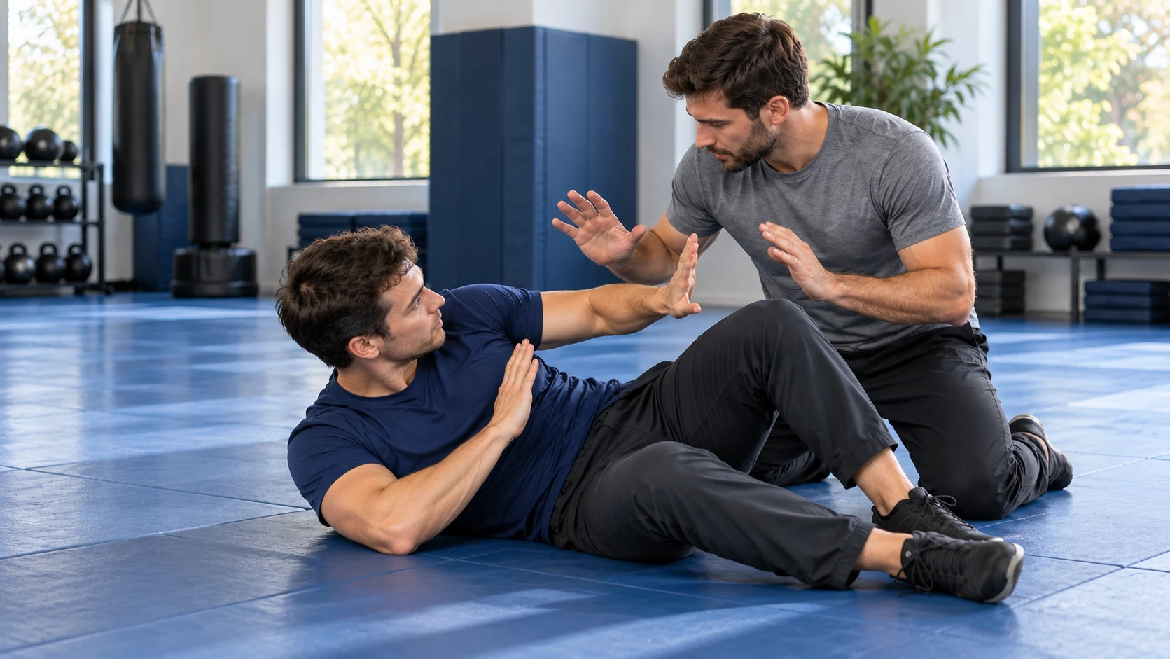 Trainee practicing ground survival technique with a partner