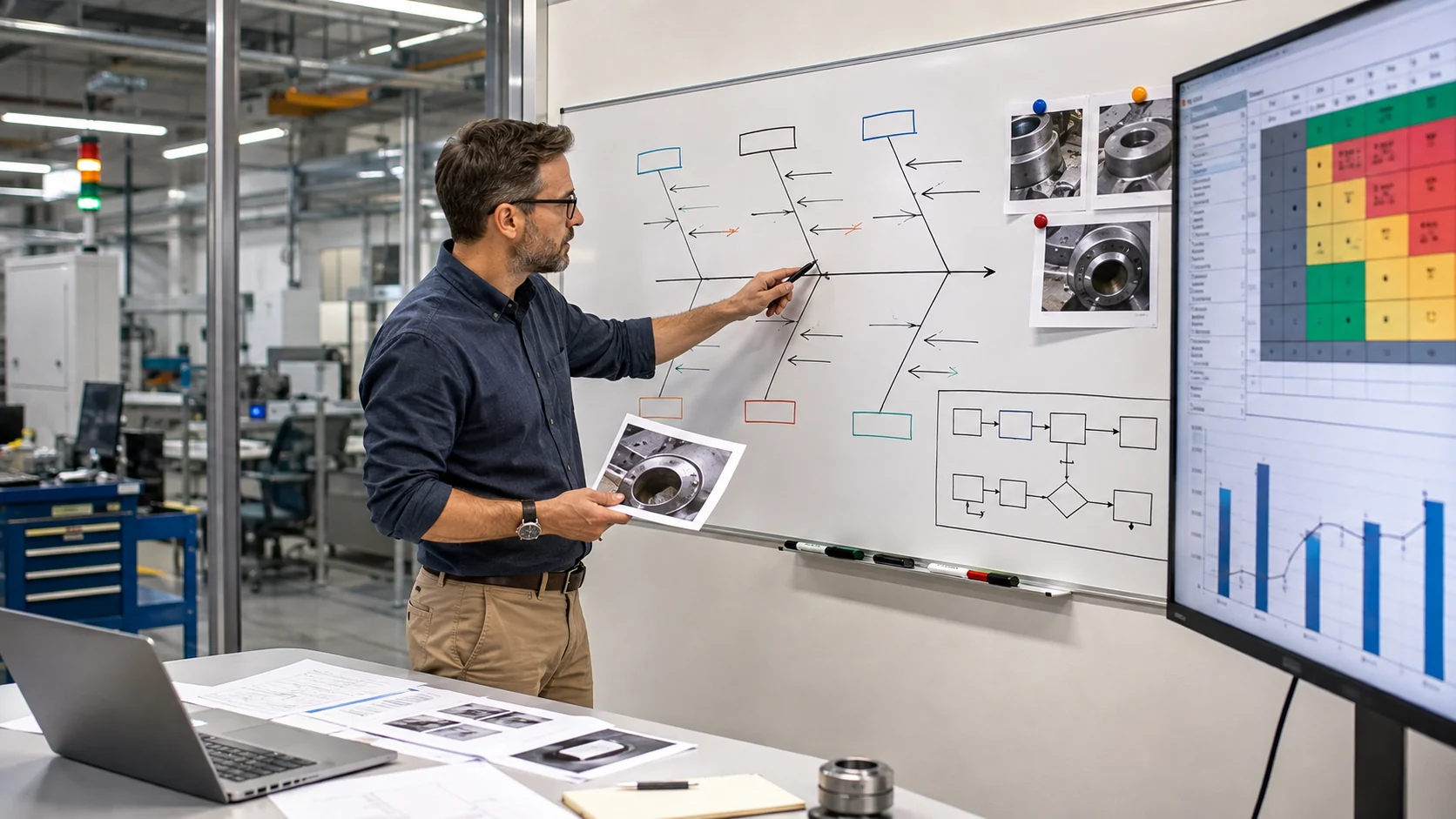 Quality professional performing root cause analysis to solve a workplace problem.