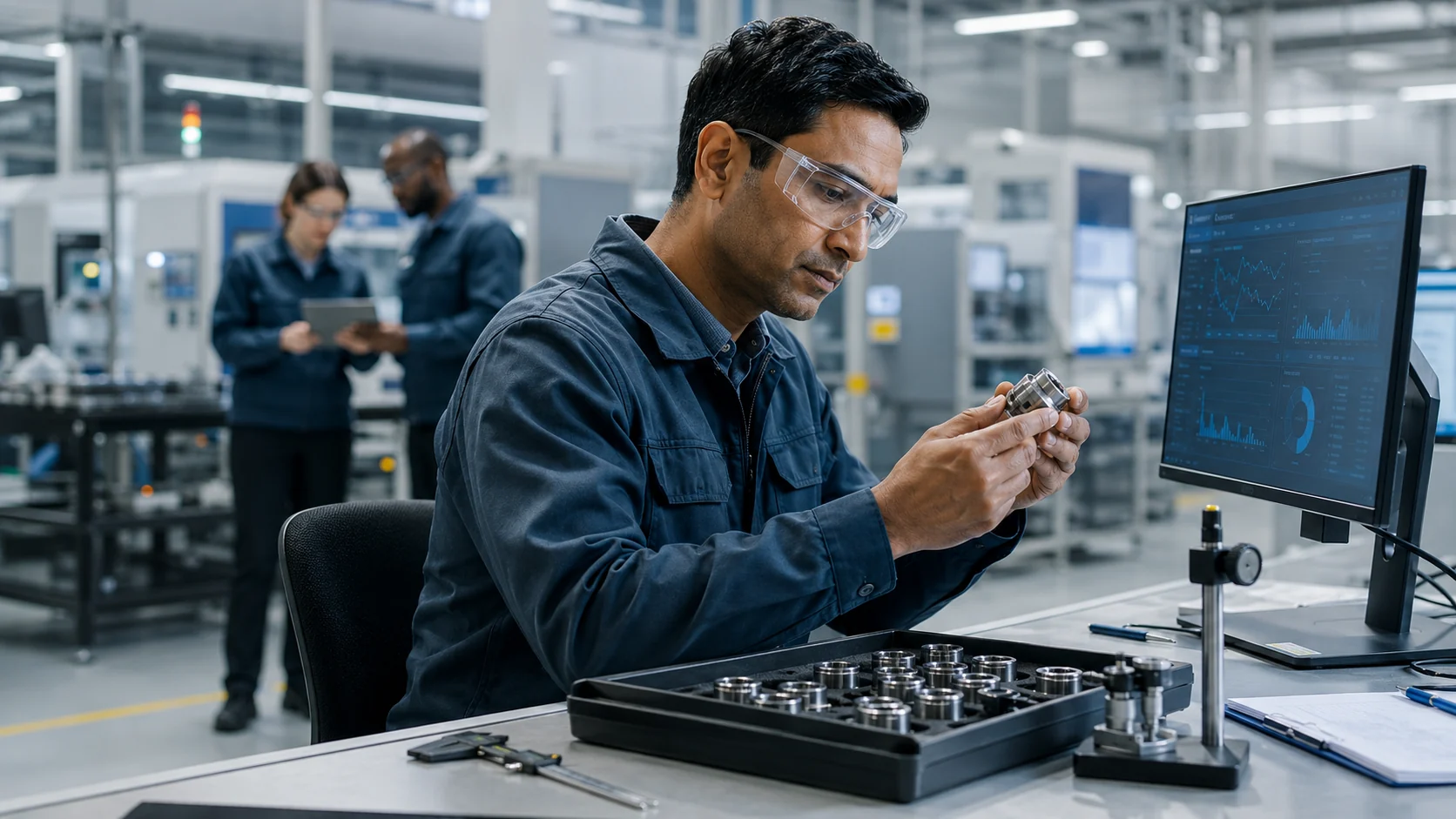 Quality professional inspecting a precision component and reviewing process data during a root cause investigation.