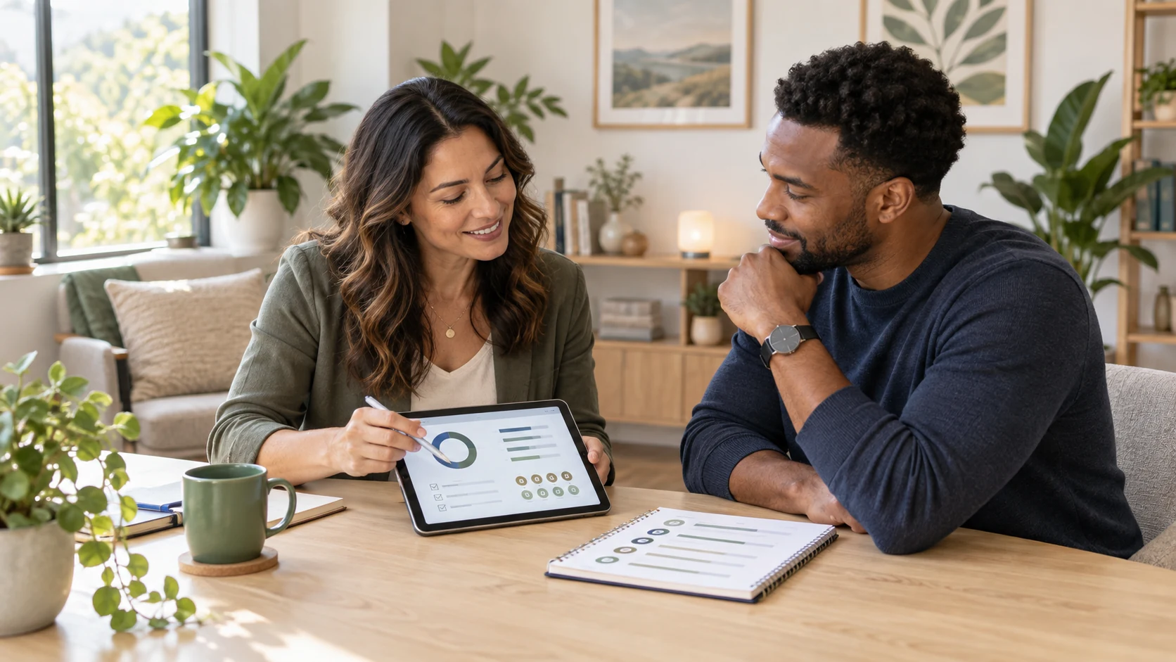 Coach reviewing a client wellness assessment on a tablet
