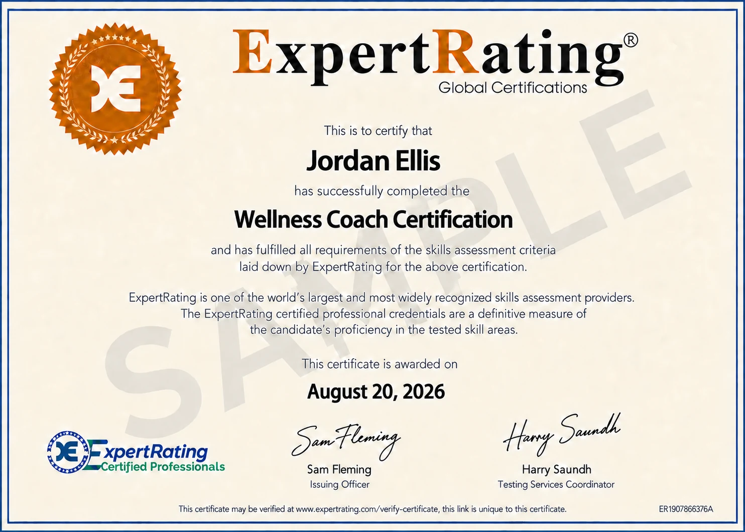 ExpertRating Wellness Coach certificate sample with gold seal