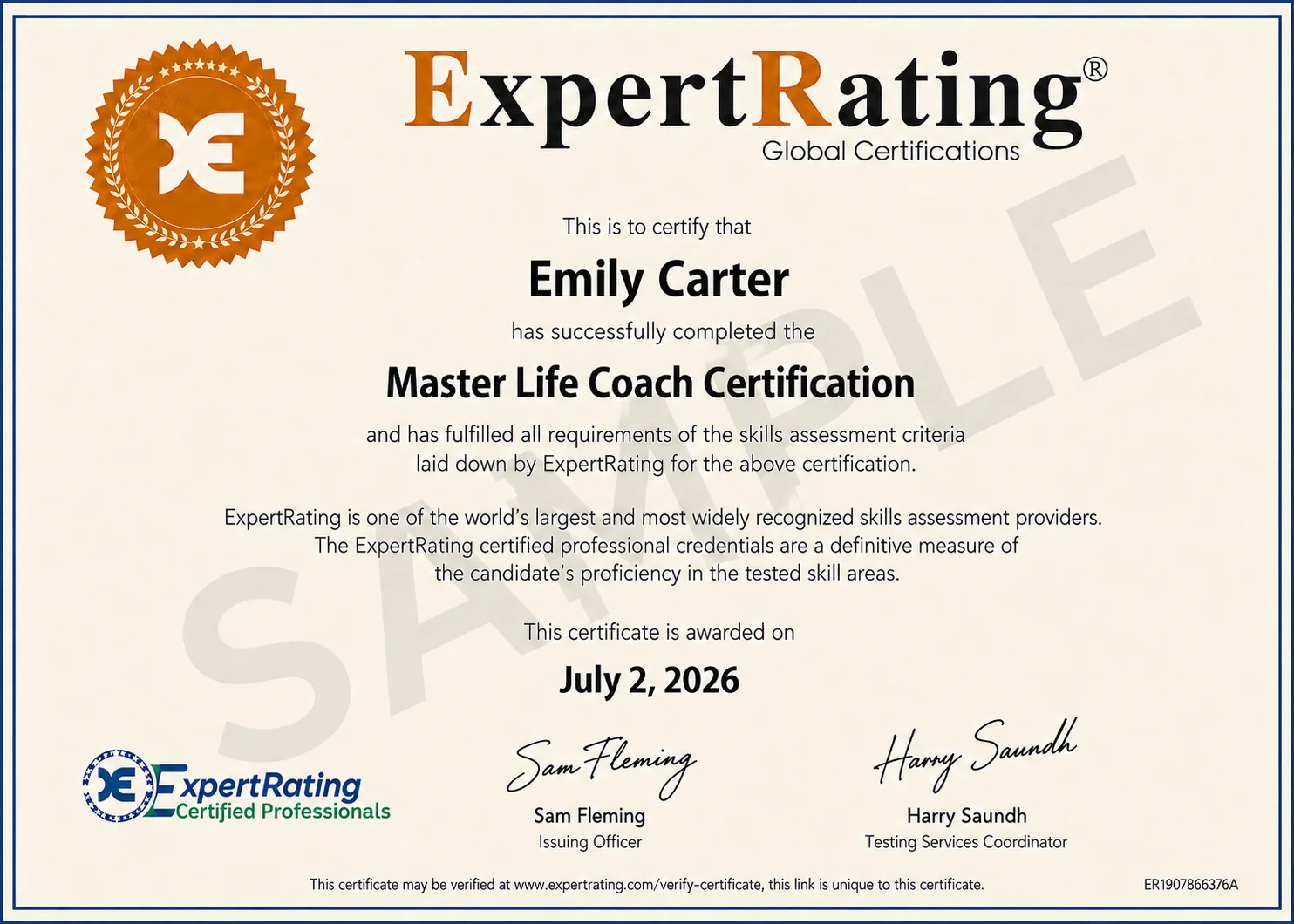 ExpertRating Master Life Coach Certification certificate