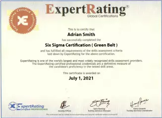 Six Sigma Green Belt Certificate