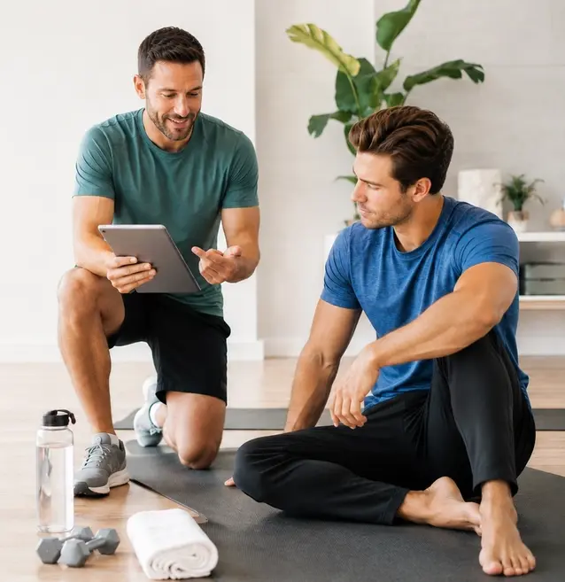 Health coach guiding a client through a fitness and wellness session.