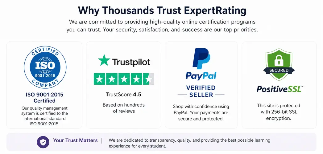 ExpertRating certification trust badges: ISO 9001, Trustpilot, PayPal verified, SSL secured