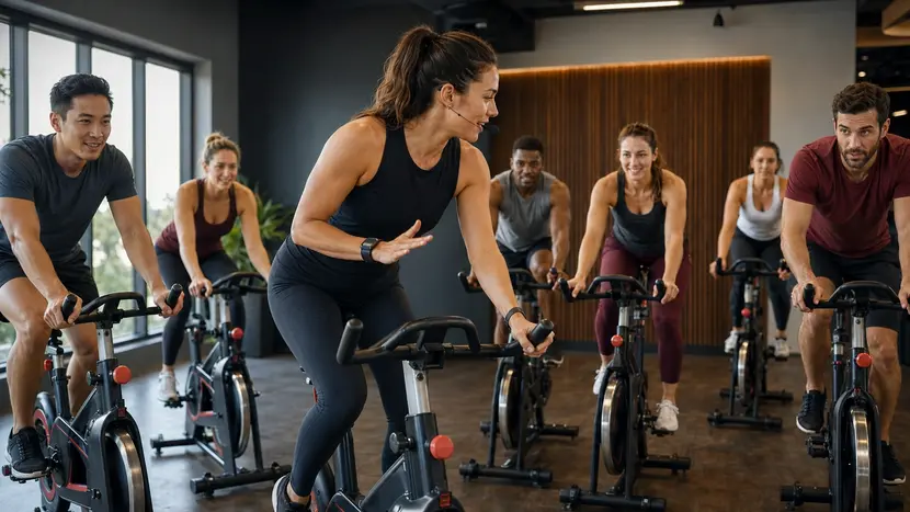 Indoor Cycling Instructor demonstrating proper bike setup during an indoor cycling class