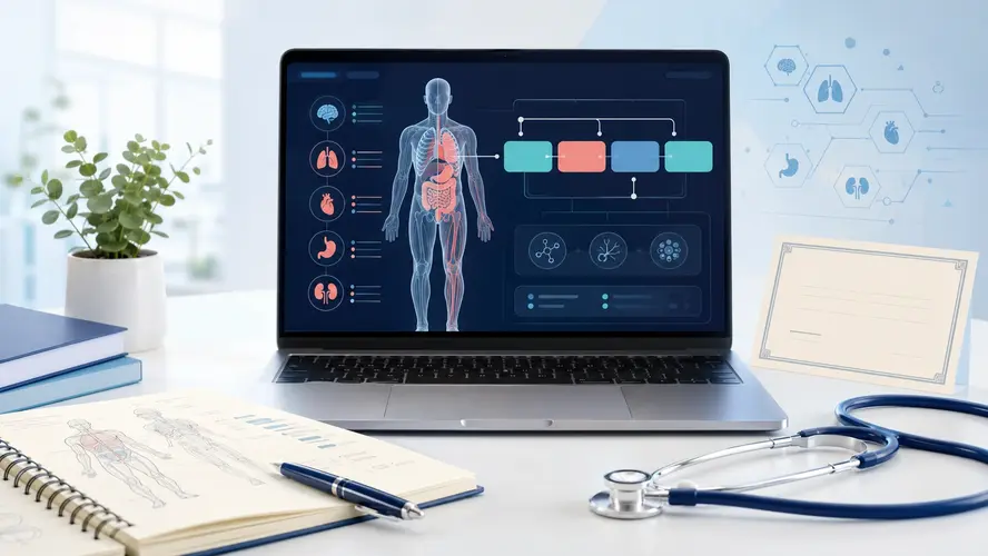 Medical professional reviewing anatomical terminology and medical records
