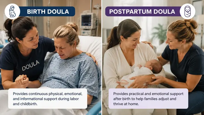 Postpartum doula supporting new mother with newborn care at home