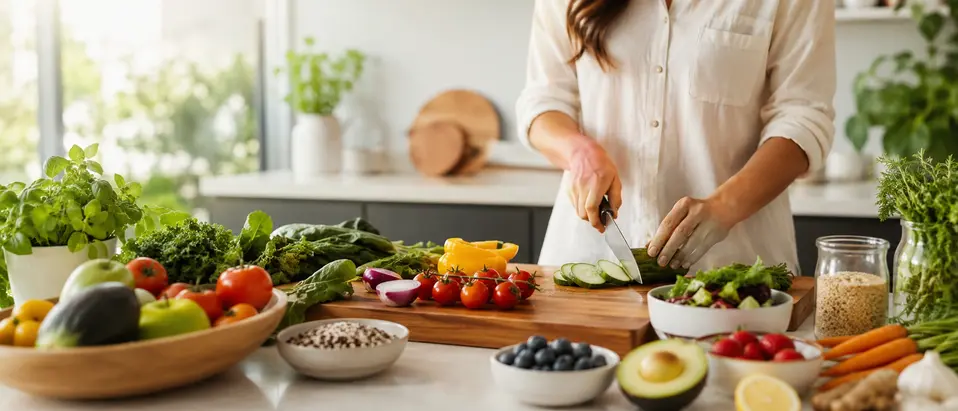Holistic nutritionist preparing a fresh, whole-foods meal in a home kitchen