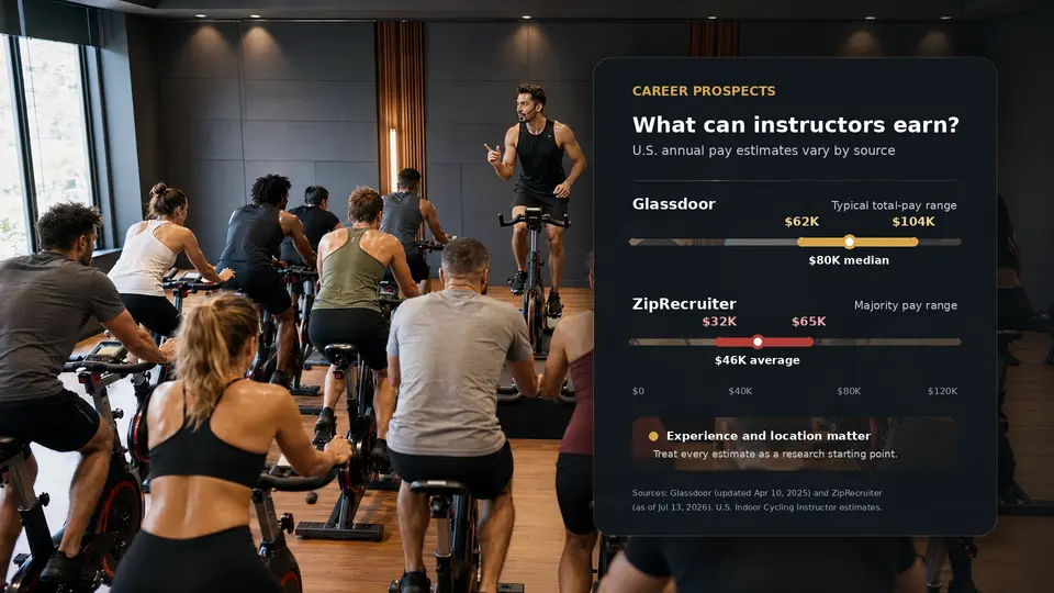 Infographic showing career prospects for Indoor Cycling Instructors, including employment outlook, salary range and common work settings.