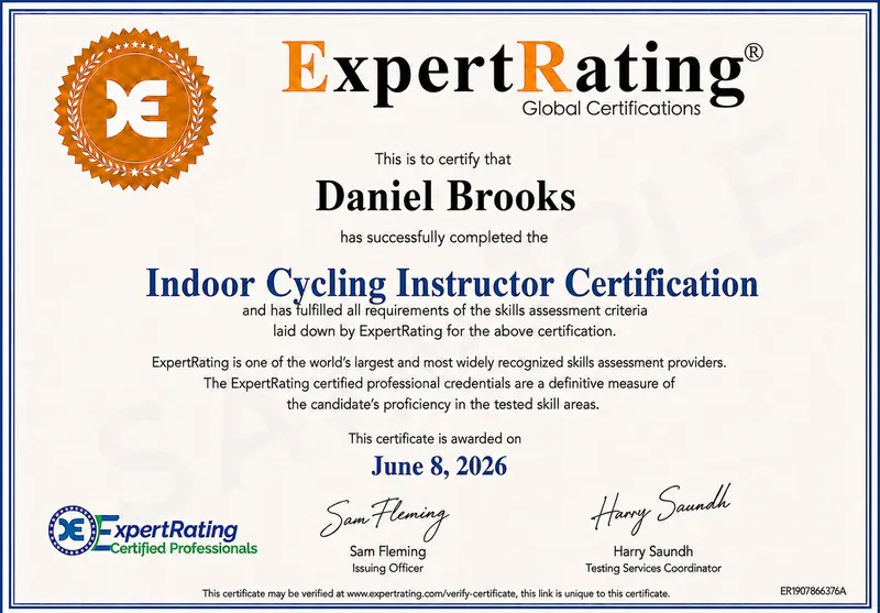 Sample ExpertRating Indoor Cycling Instructor Certification digital certificate of completion