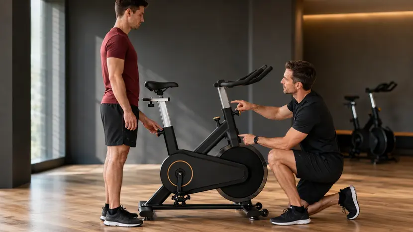 Indoor Cycling Instructor demonstrating proper riding posture and bike setup