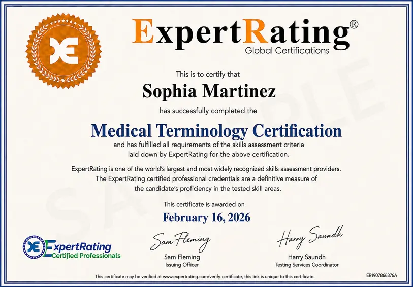 Sample ExpertRating Medical Terminology Certification digital certificate