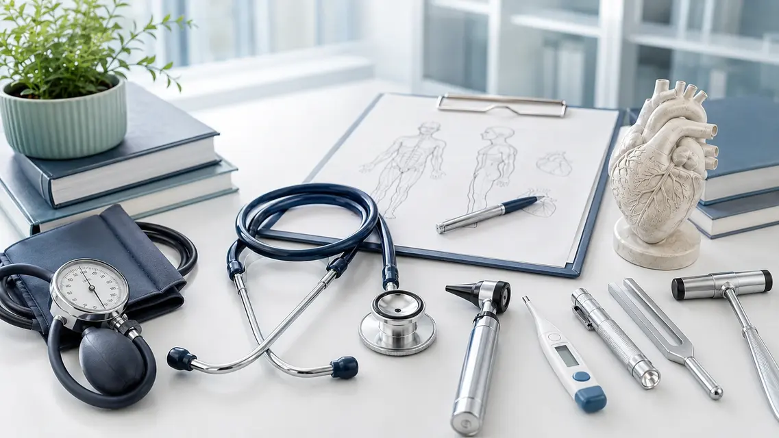 Healthcare professional studying medical terminology with anatomical reference materials
