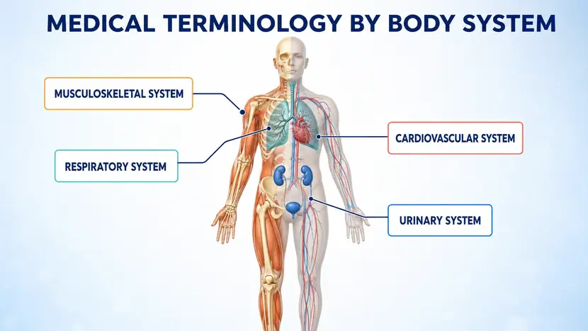 Medical terminology study materials with anatomical diagrams and healthcare reference charts