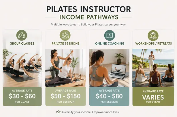 showing Pilates instructor income pathways-group class, private session, online coaching, workshop revenue with average rates per category