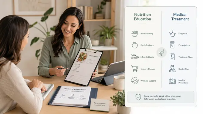 Nutrition professional reviewing a client wellness plan alongside referral resources